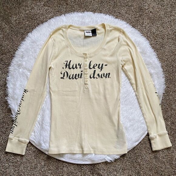 Harley Davidson Long Sleeve Thermal Top Womens Size Large Cream Tight Fitting - Picture 1 of 7